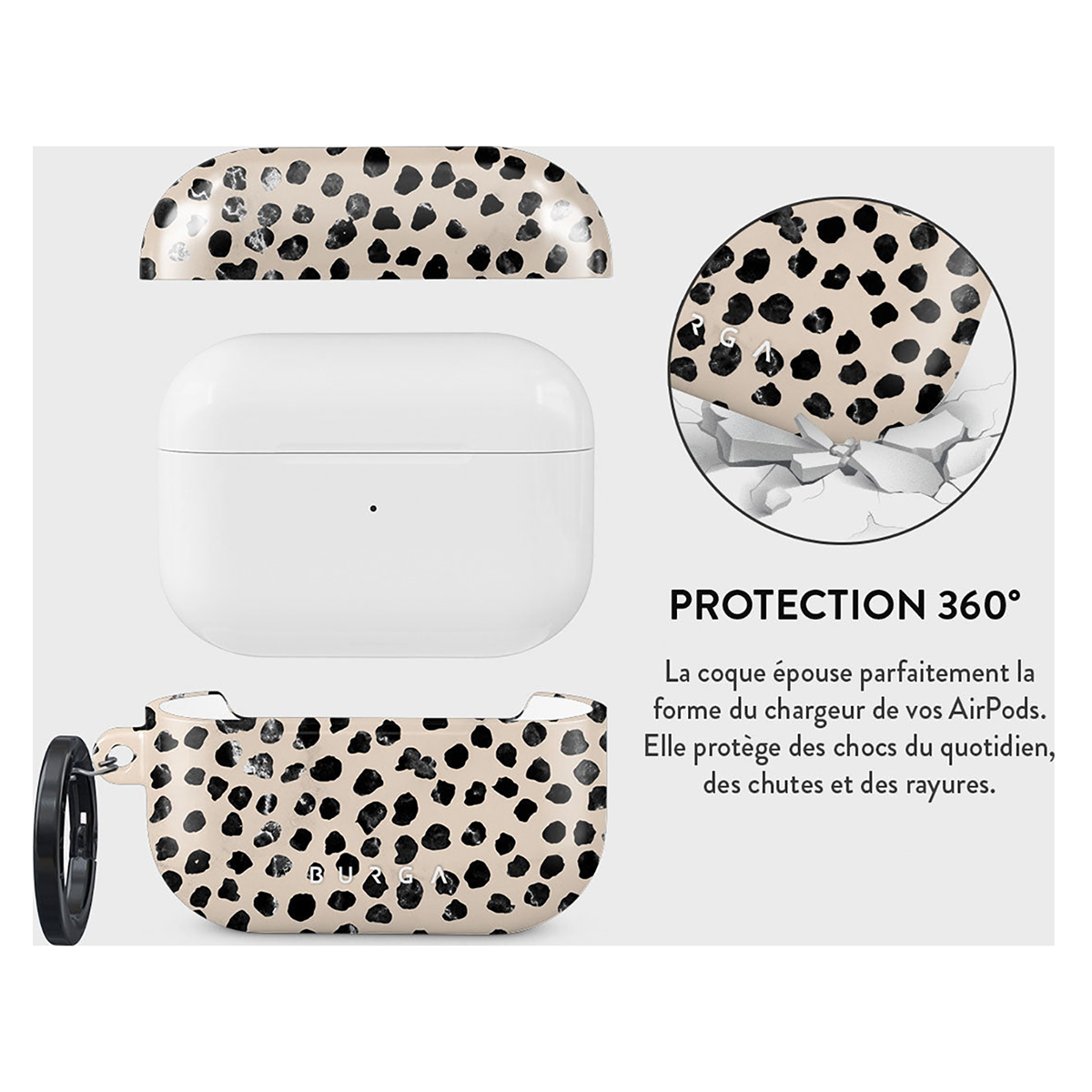 Witte AirPods-hoes met zwarte stippen. De hoes wordt open en dicht getoond, met tekst en een afbeelding.