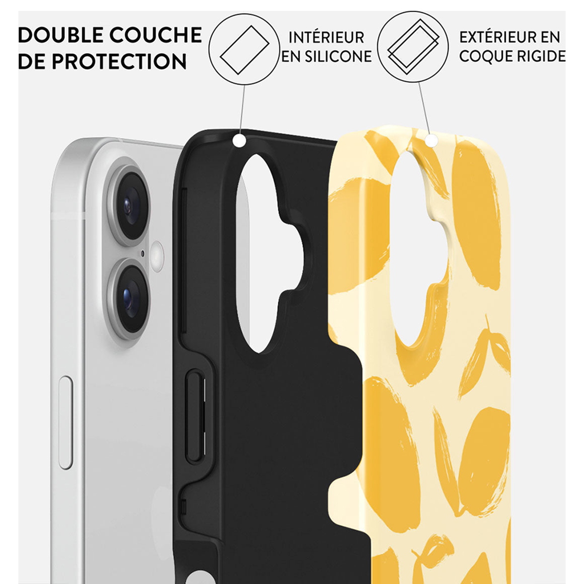 Telefoonhoesje met een geel patroon. De hoes heeft een zwarte binnenlaag en een harde buitenlaag.