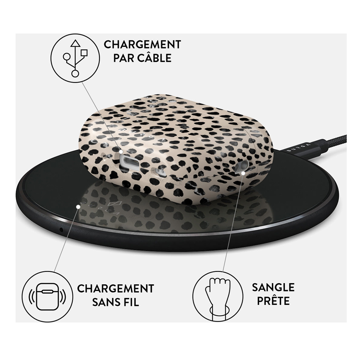 AirPods-hoesje op een oplaadpad. Pictogrammen tonen draadloos en kabel opladen.