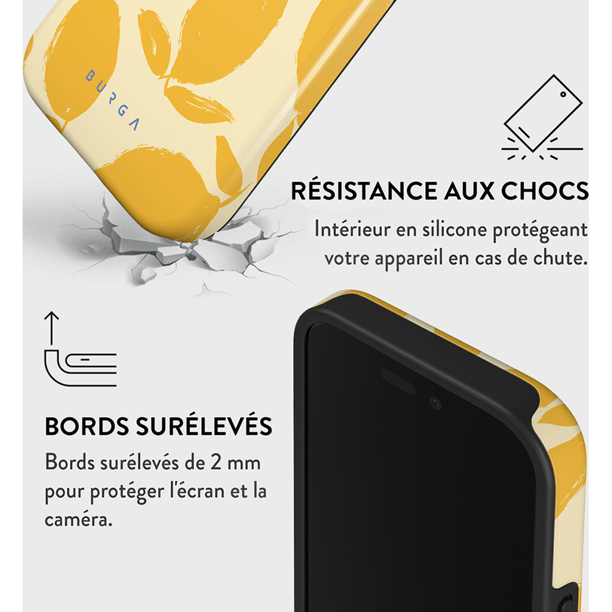 Coque de téléphone à motif jaune, texte français et un téléphone à l'intérieur.