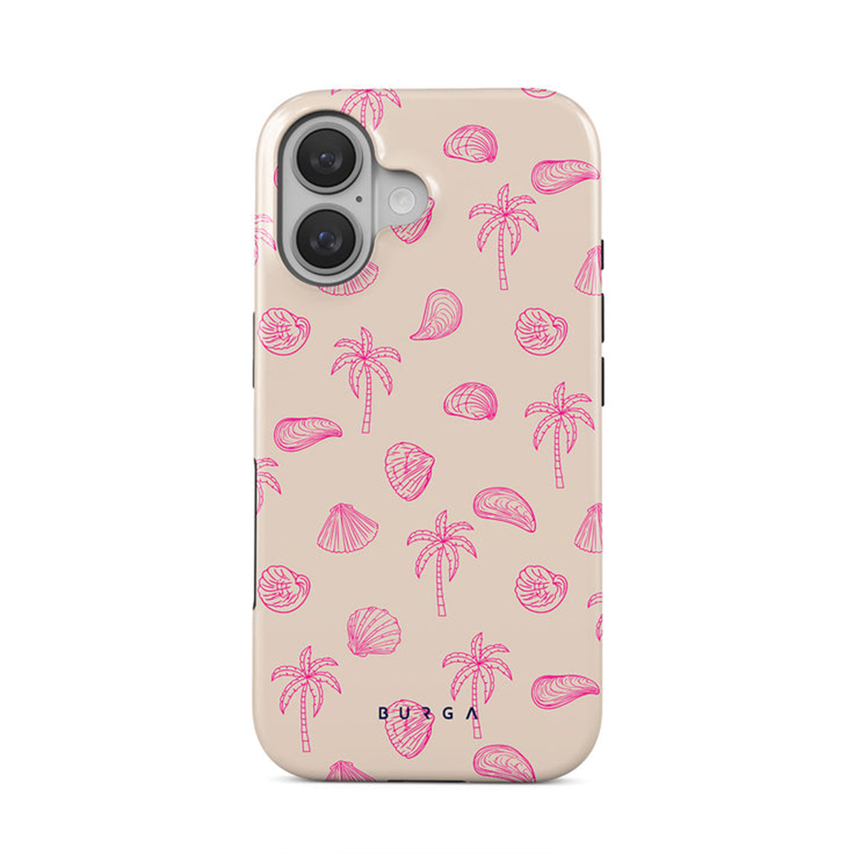Tan telefoonhoesje met roze schelpen en palmbomen op een witte achtergrond.