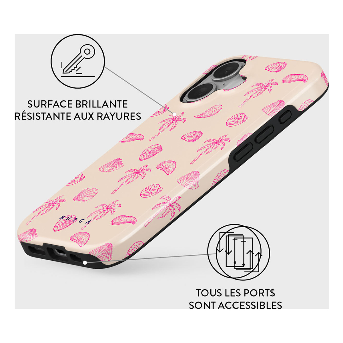 Telefoonhoesje met schelp- en palmboomontwerp, tekst in het Frans.