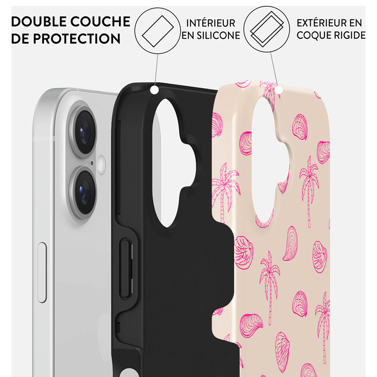 Custodia per telefono con design a strati. Lo strato interno è nero, il centro nero con conchiglie, l'esterno conchiglie.