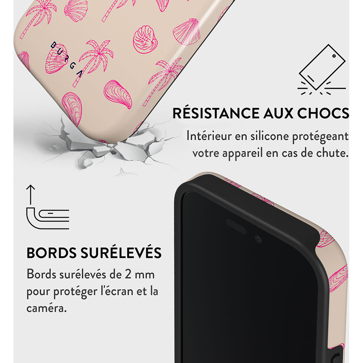 Telefoonhoes met roze schelpenpatroon. Telefoon erin. Zwarte rand. Tekst op de hoes. Witte achtergrond.