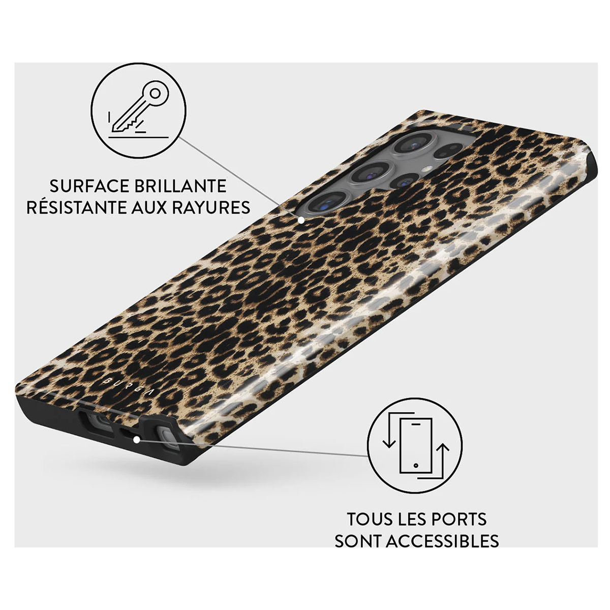 Una custodia per telefono con un design a stampa leopardata e un'icona di chiave e telefono.