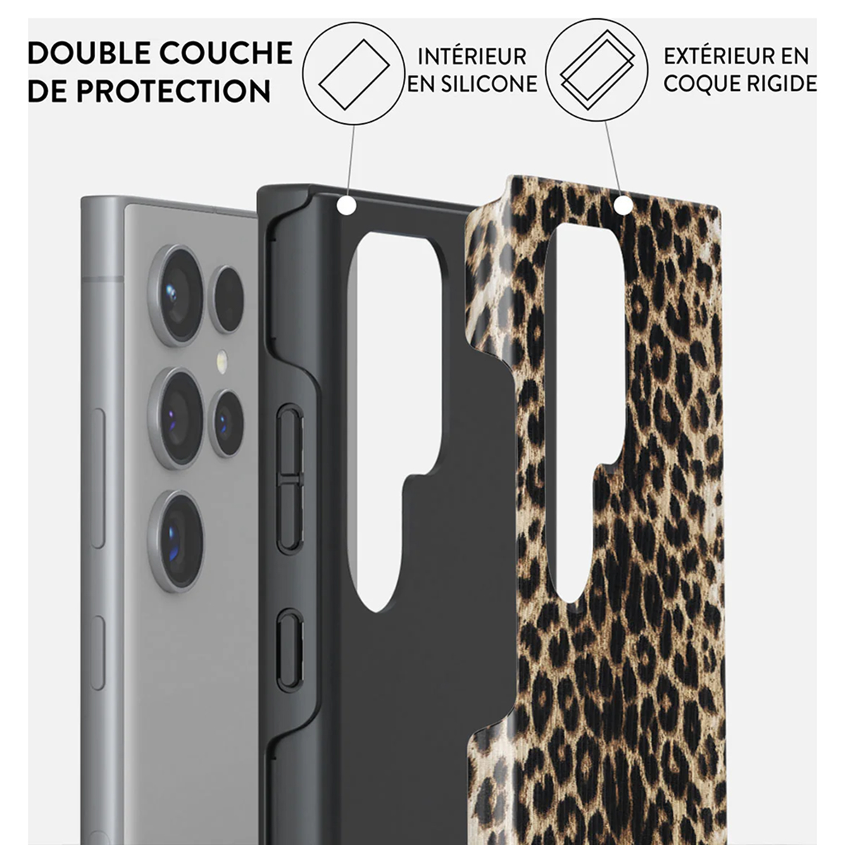 Custodia del telefono che mostra gli strati. Gli strati sono silicone, nero e la custodia leopardata.