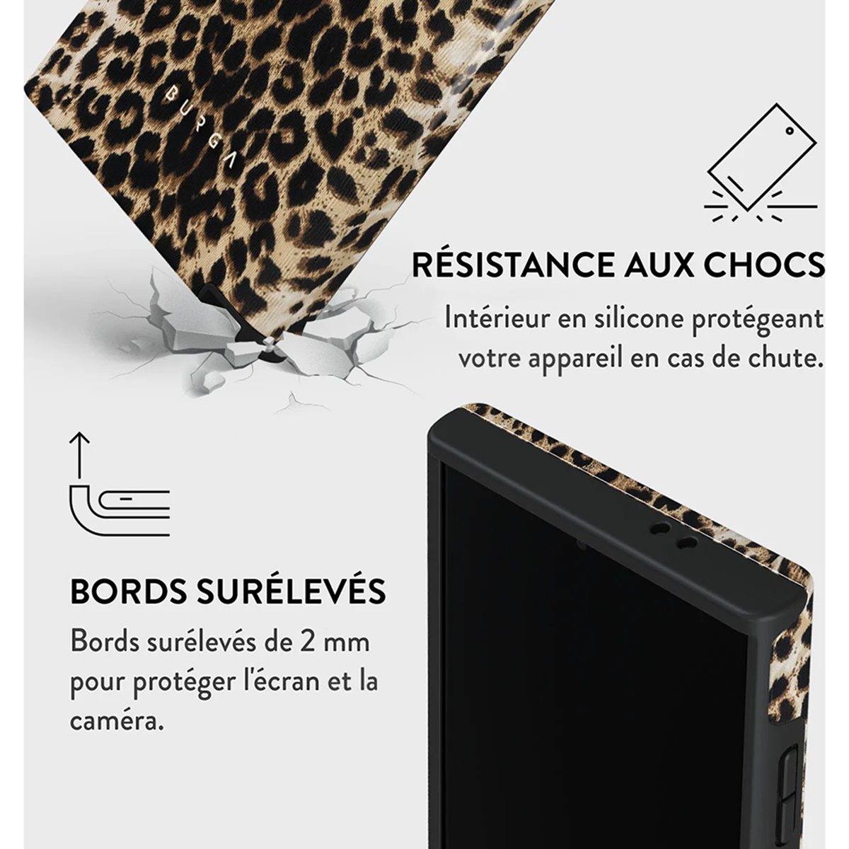 Custodia con stampa leopardata. Testo descrive resistenza agli urti e bordi rialzati.