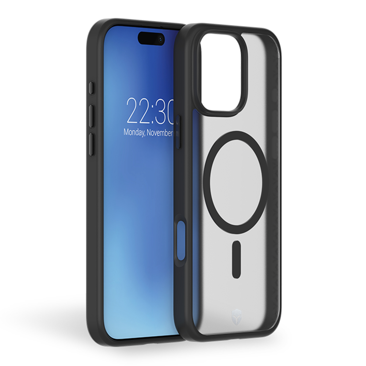 Custodia nera e trasparente su una superficie bianca. Schermo dell'iPhone visibile con l'ora visualizzata.