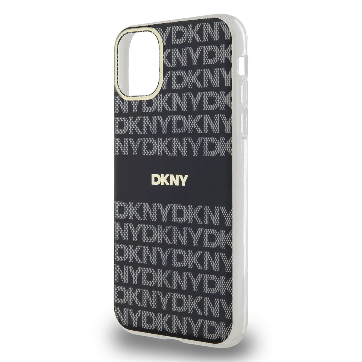 Custodia per telefono con motivo logo DKNY ripetuto. Sfondo nero con testo DKNY dorato.