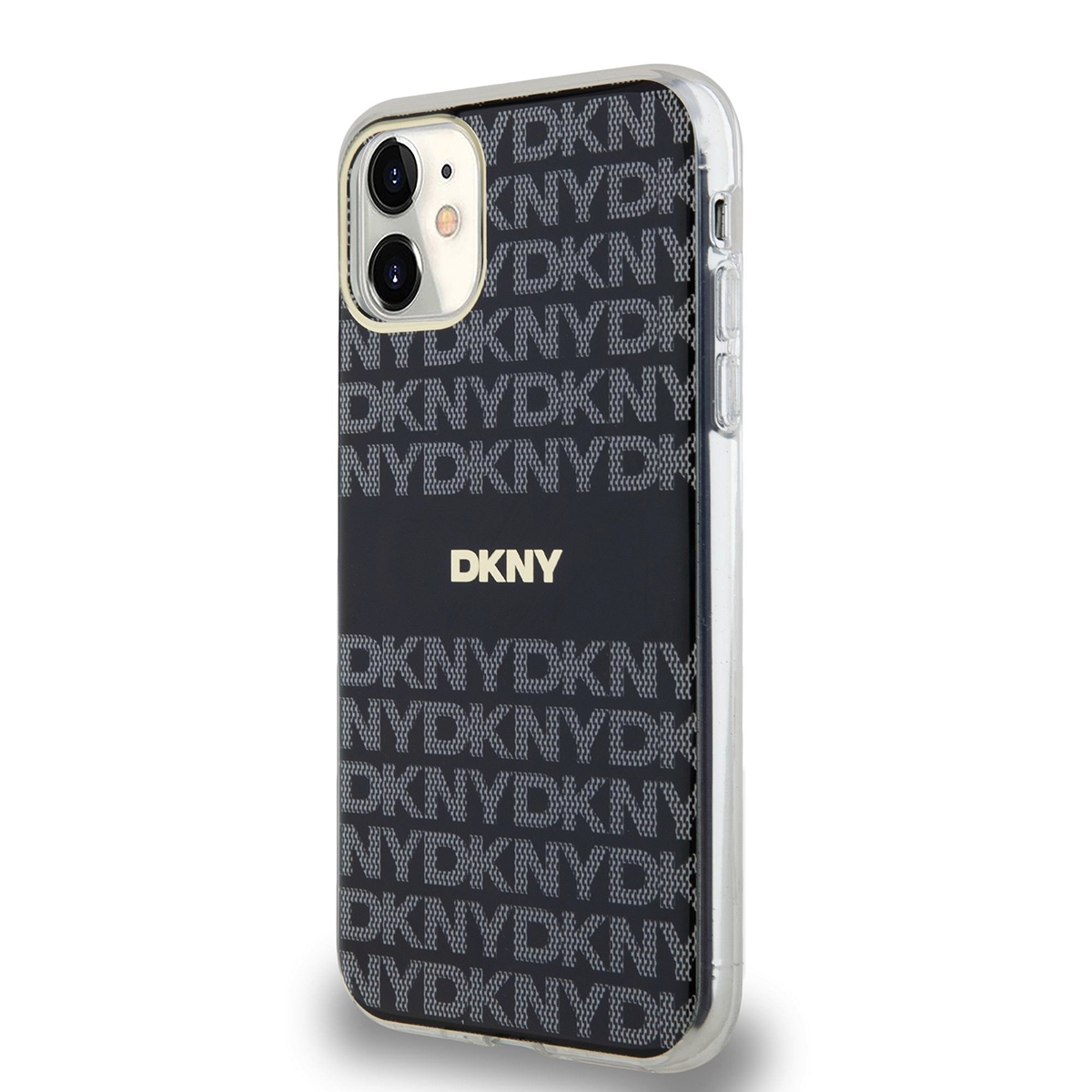 Custodia per telefono DKNY. Custodia nera con logo DKNY ripetuto in argento, con bordo trasparente e telefono.