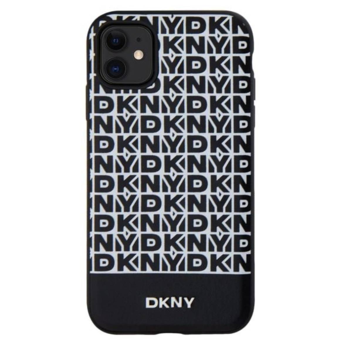 Custodia per telefono nera con logo DKNY. Il logo è bianco e il telefono è un iPhone.