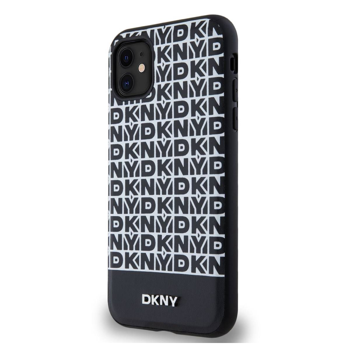 Custodia nera per telefono con logo DKNY ripetuto. Testo bianco su sfondo nero. La custodia copre il telefono.