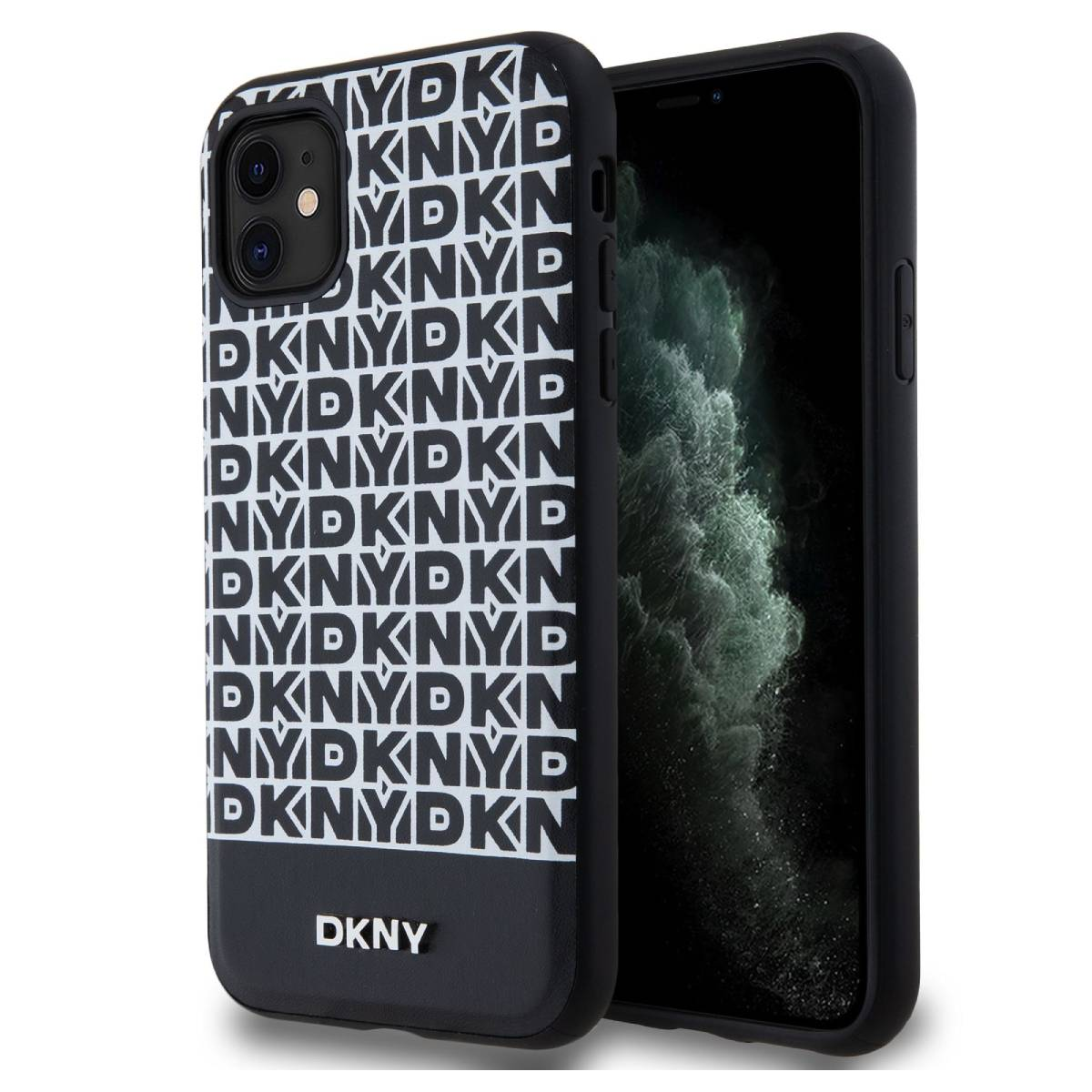 Custodia nera per telefono con un design DKNY in bianco. Il telefono è nero e ha una fotocamera.