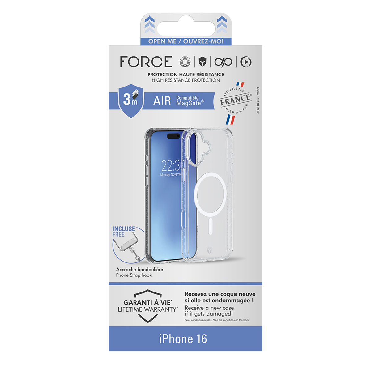 Confezione per una custodia per iPhone 16. Mostra il telefono, la custodia e un gancio per la cinghia del telefono.