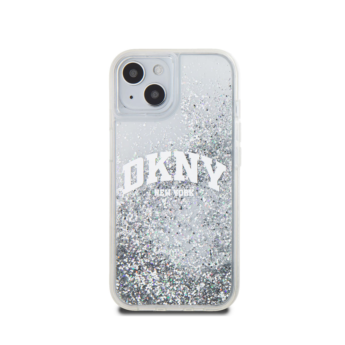 Custodia per telefono con glitter. Logo DKNY. Glitter argentati. Fotocamera e pulsanti visibili. Sfondo bianco.