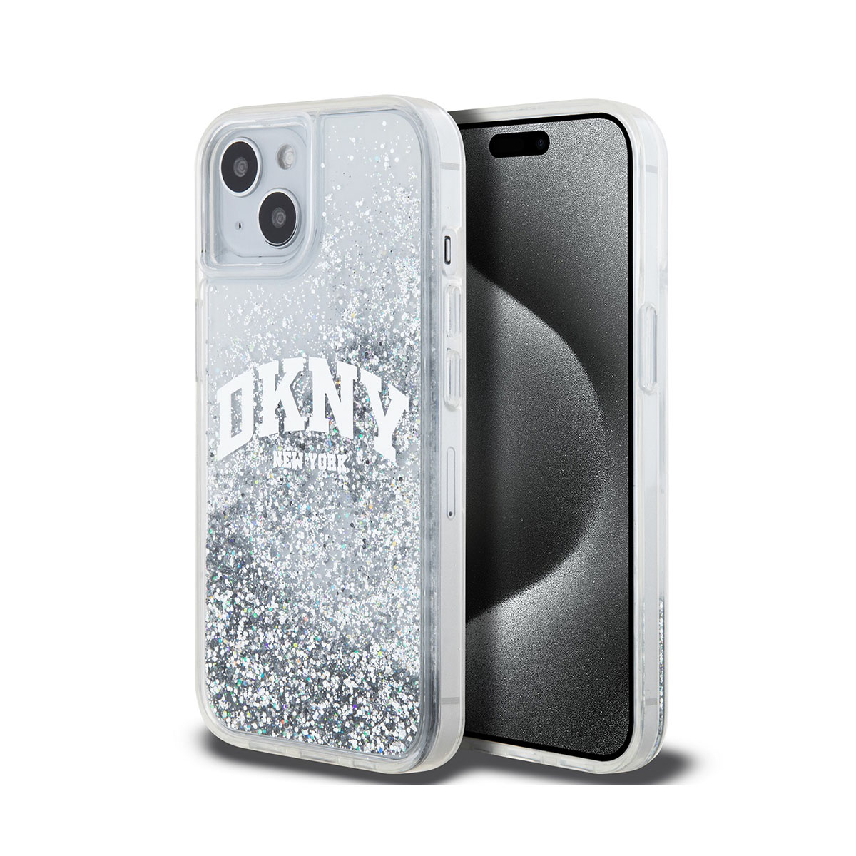 Custodia trasparente con glitter argento e logo DKNY.