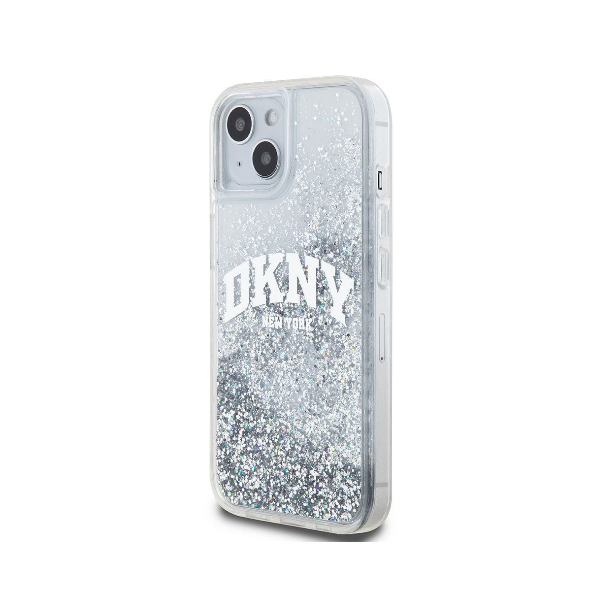 Custodia per telefono con glitter e logo DKNY. La custodia è trasparente con glitter argentati e testo DKNY New York.