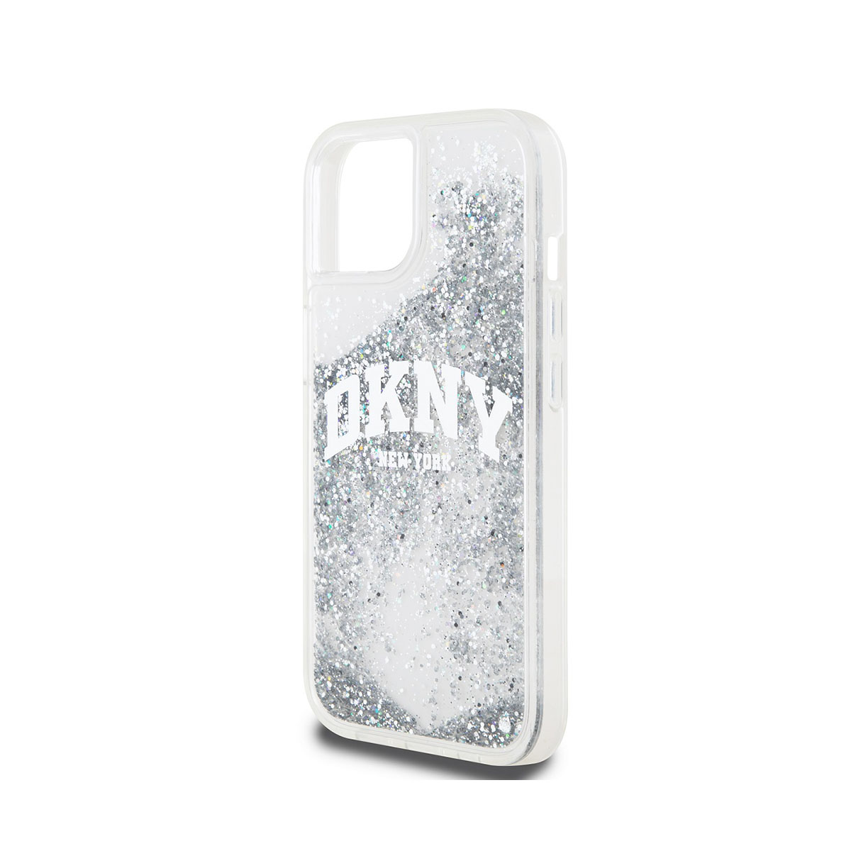 Una custodia DKNY trasparente piena di glitter, con il logo DKNY visibile.