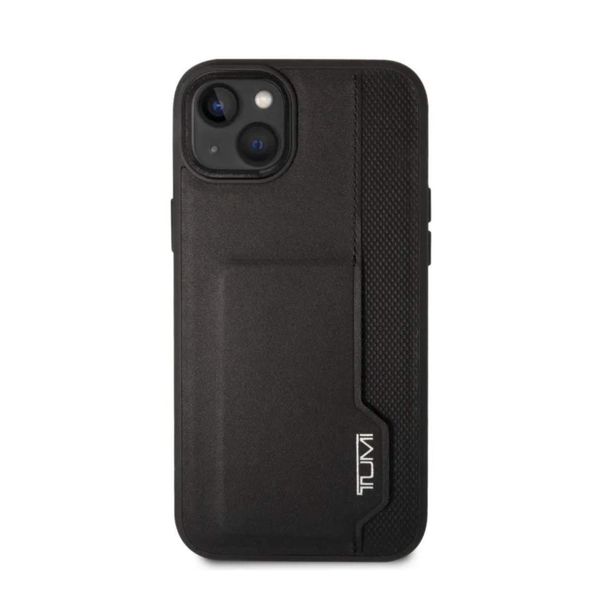 Custodia per telefono nera con slot per schede e logo TUMI. È su sfondo bianco.