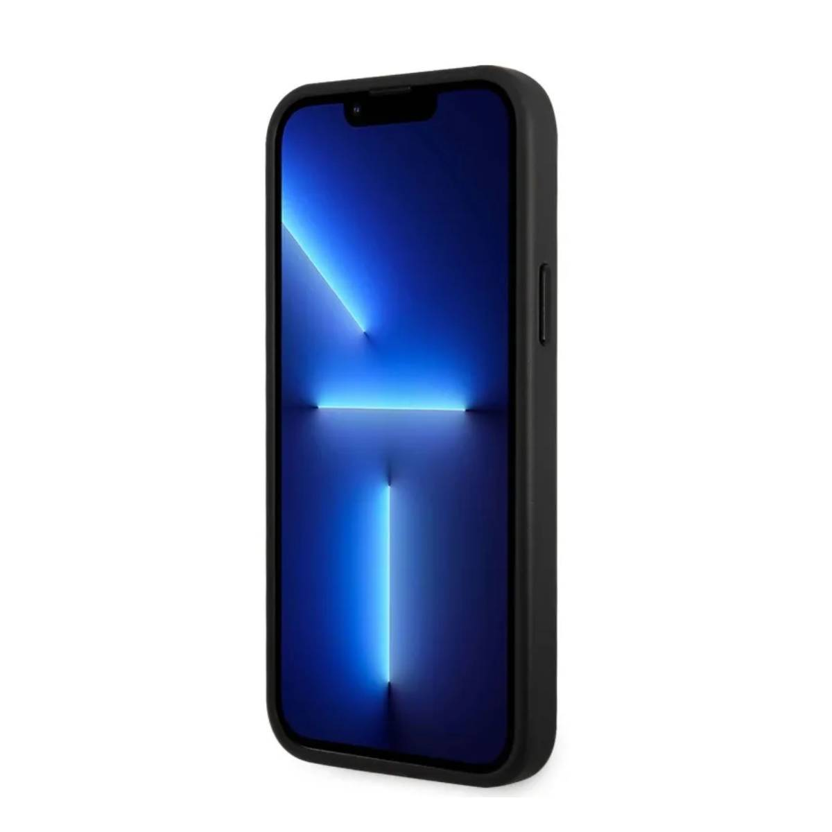 Custodia per telefono nera con schermo blu illuminato.