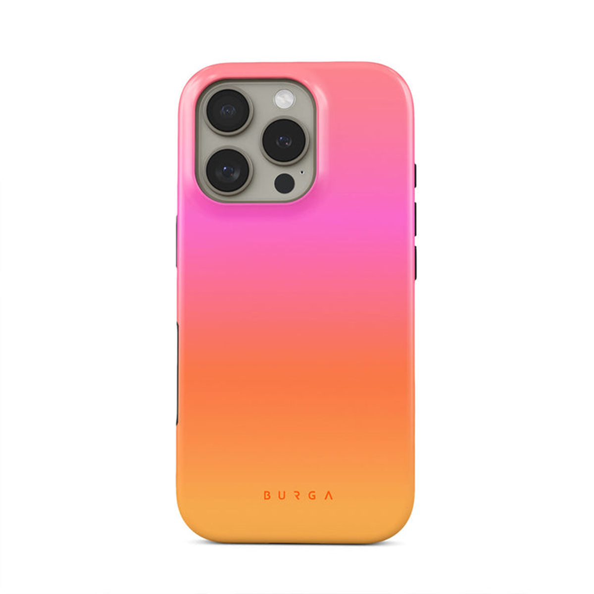 Coque dégradée rose et orange pour iPhone avec découpe caméra.