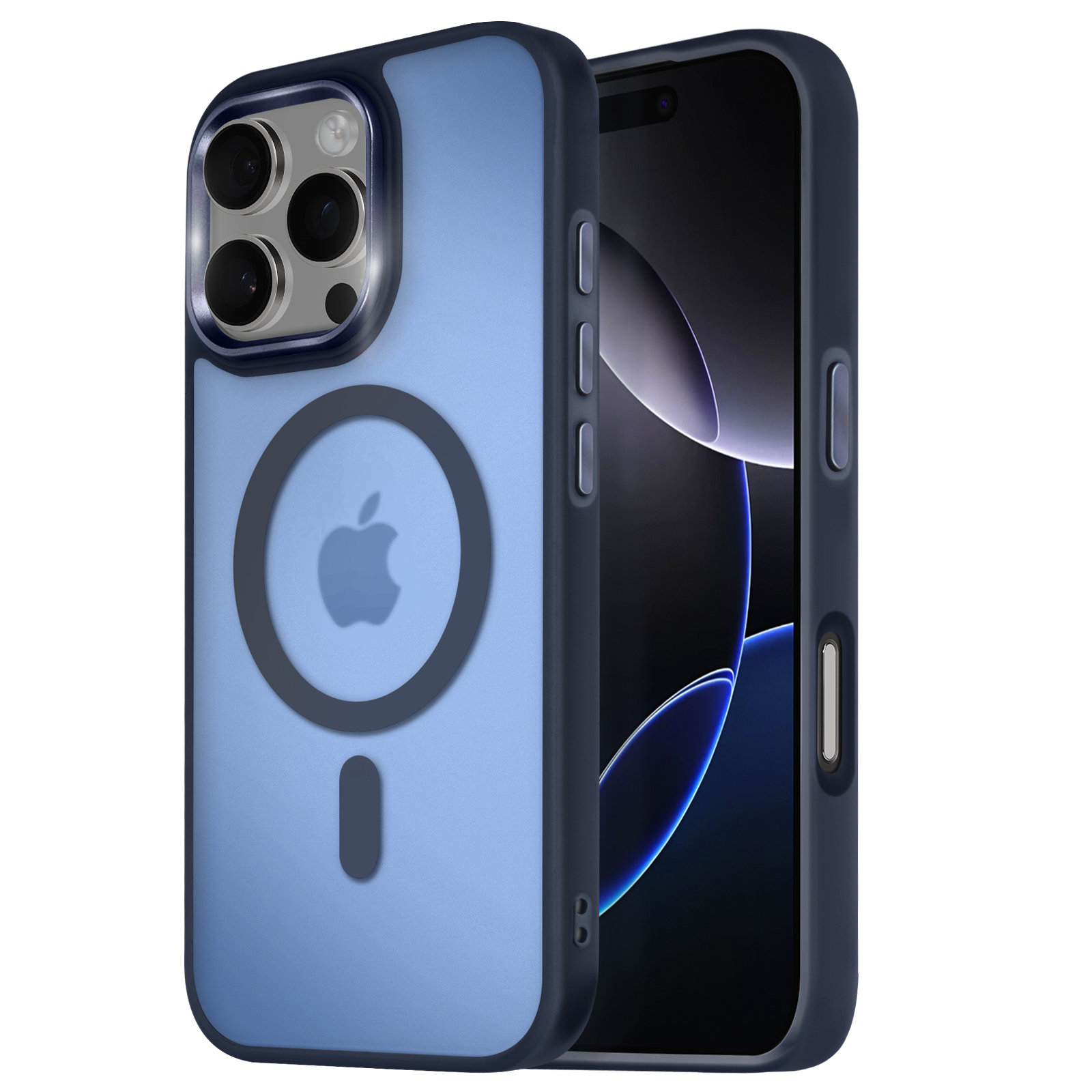Custodia blu su un telefono. La custodia ha un retro trasparente e un logo Apple nero.