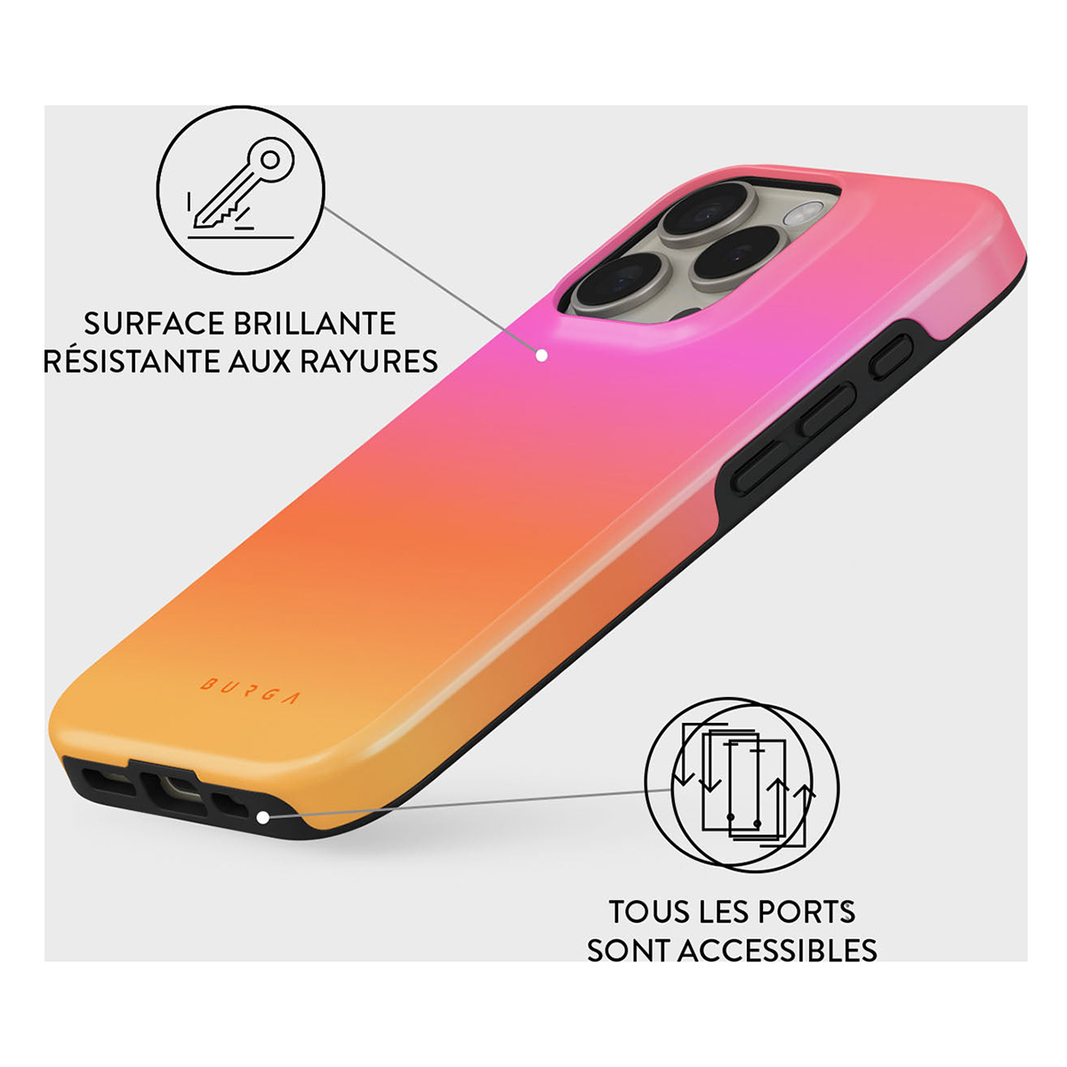 Coque de téléphone avec un dégradé de couleurs. Le texte dit 'Surface Brilliante'.