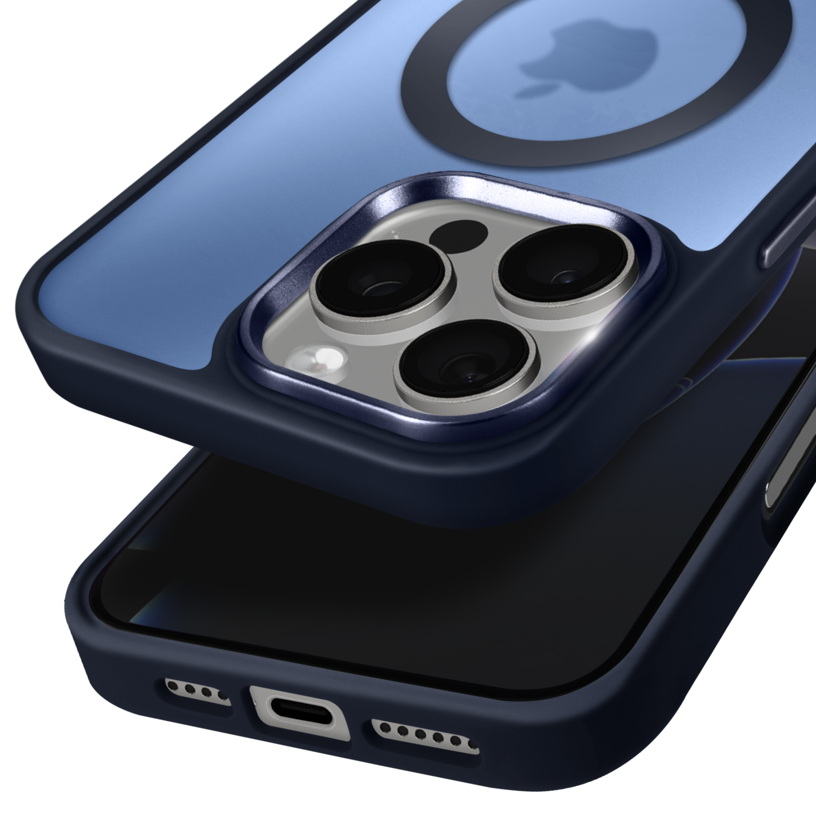 Custodia per iPhone blu e trasparente. La custodia è parzialmente su un telefono, mostrando l'anello MagSafe e la fotocamera.