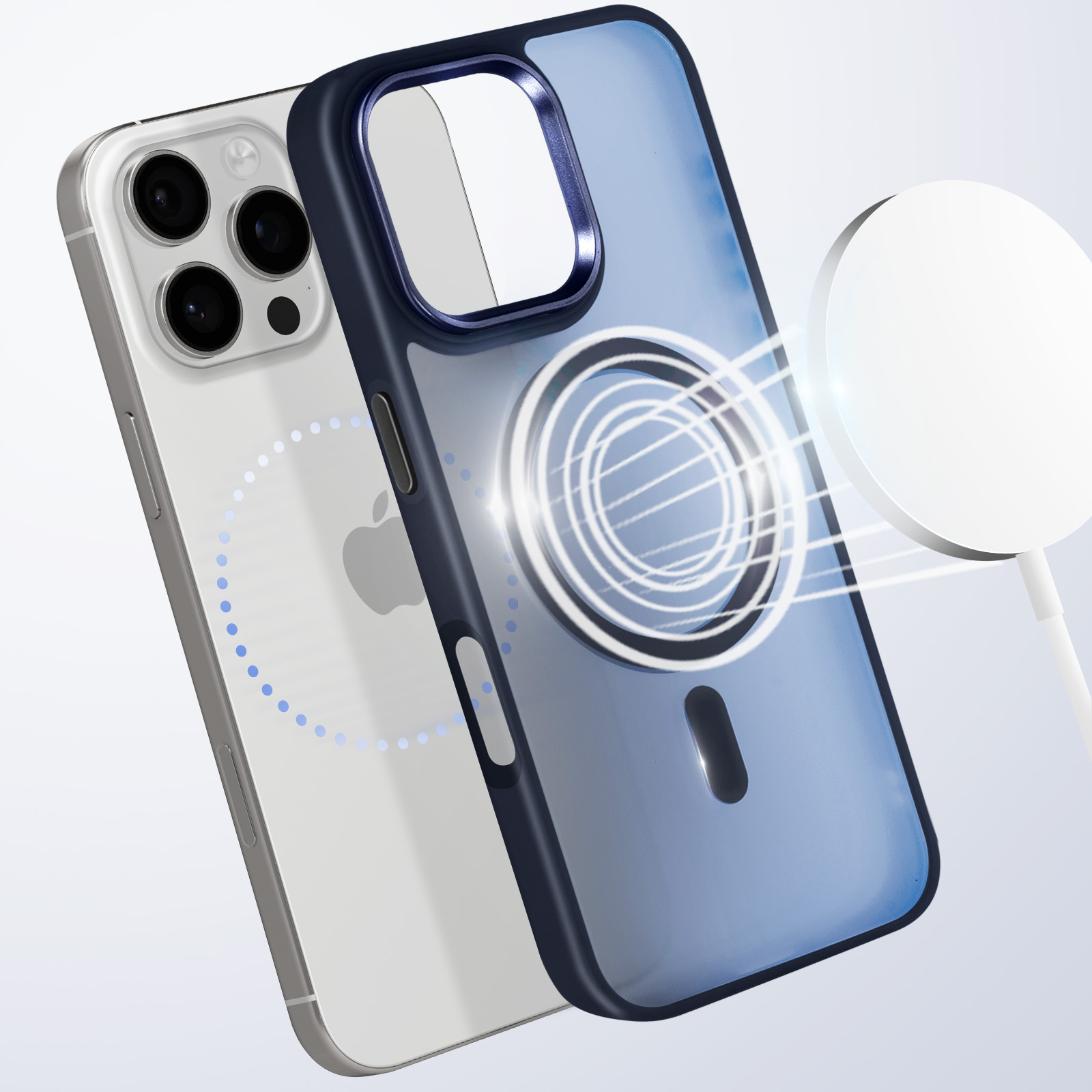 Custodie per telefono. Una custodia blu è sopra un telefono bianco. Un caricabatterie bianco è a destra. Sfondo bianco.