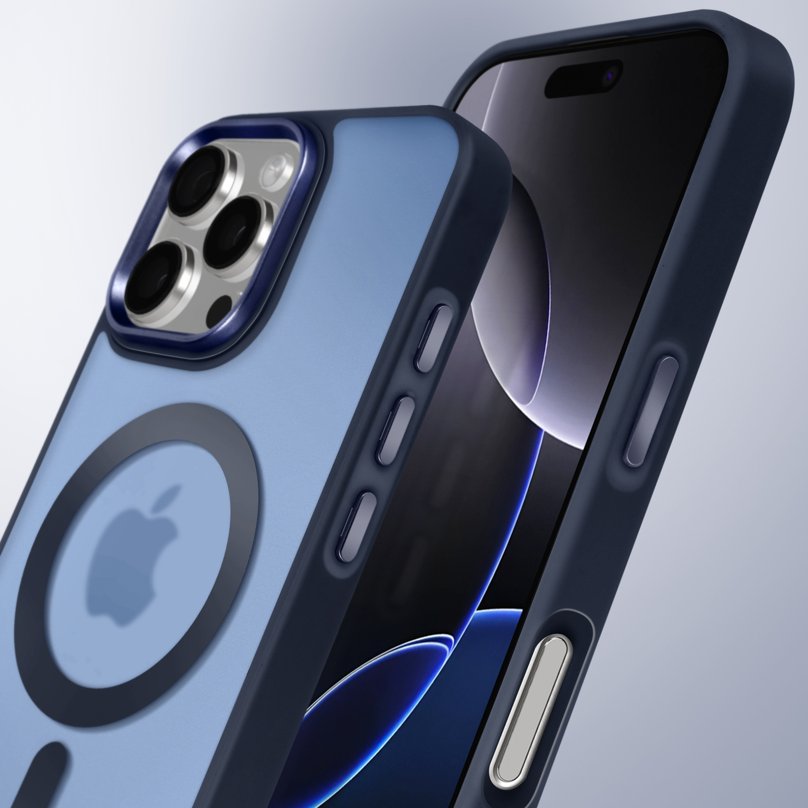 Custodia blu per telefono con telefono, con contorno blu. Il telefono ha uno schermo nero e un modulo fotocamera.