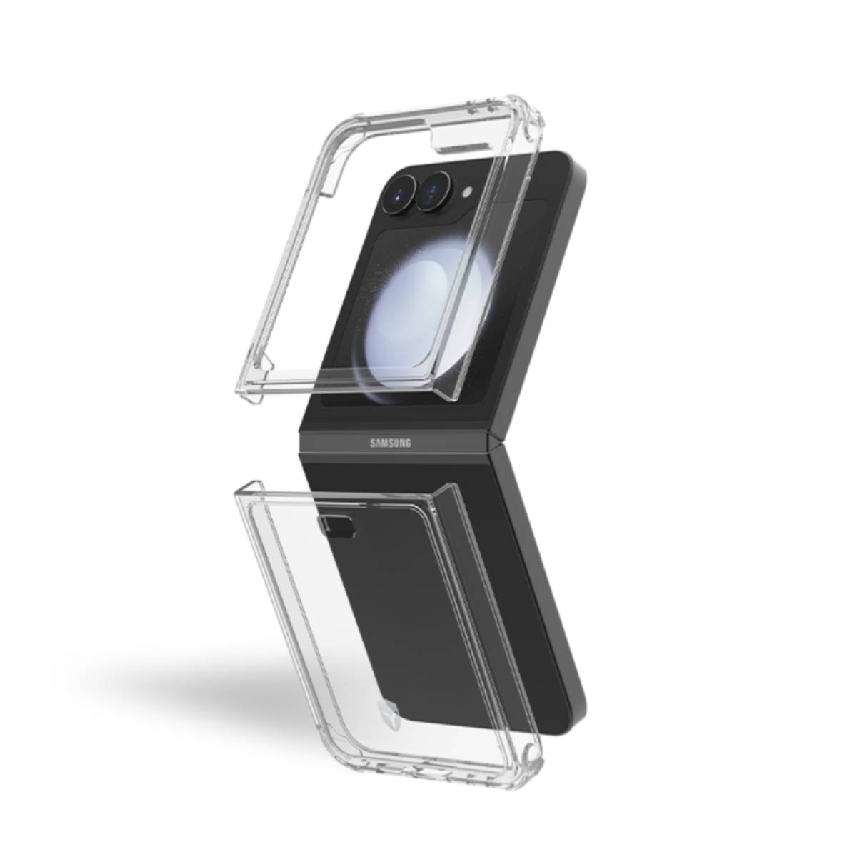 Telefono nero con custodia trasparente. Sfondo bianco.