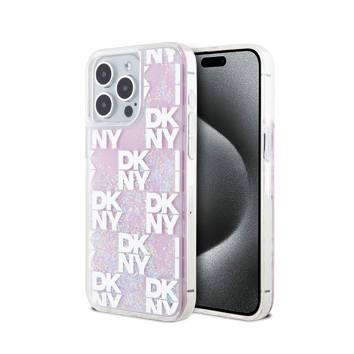 Custodia rosa DKNY con logo DKNY e telefono nero.