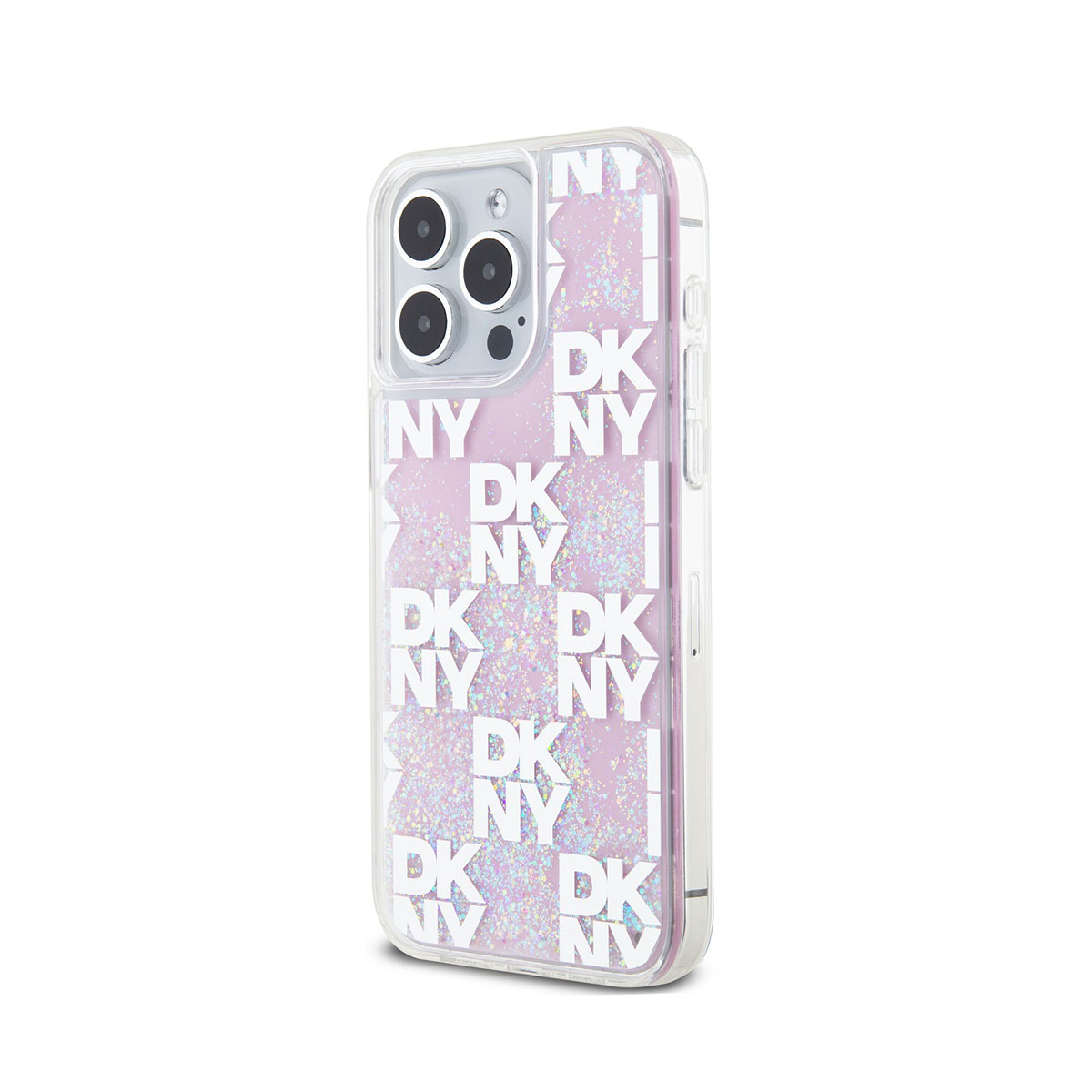 Custodia trasparente con testo DKNY e glitter, con un telefono all'interno.