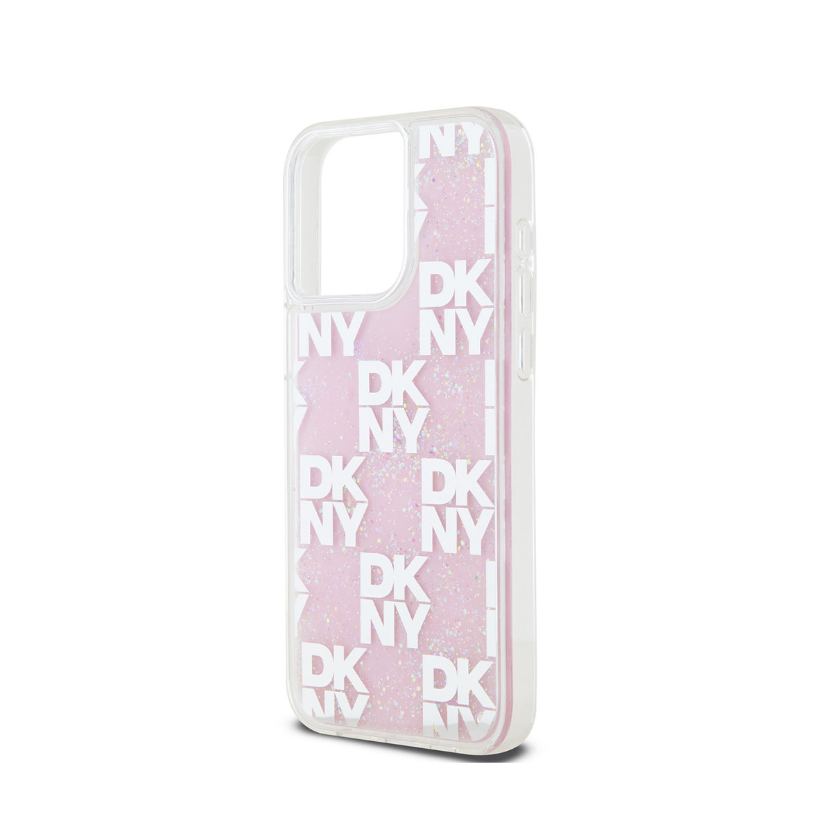 Custodia DKNY rosa con glitter e loghi DKNY.