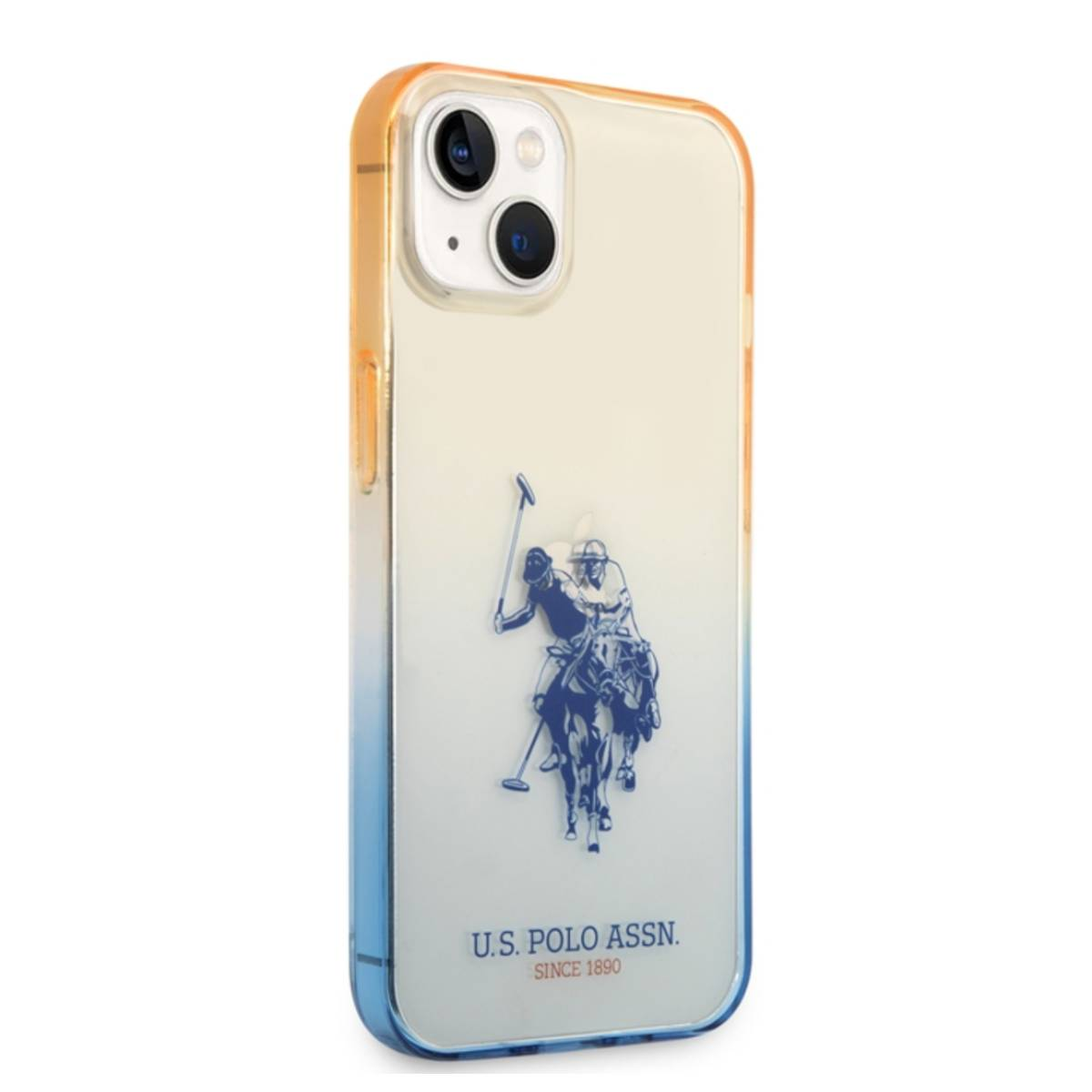 Handyhülle mit US Polo Assn. Logo. Blau-Orangener Farbverlauf. Telefon in der Hülle.