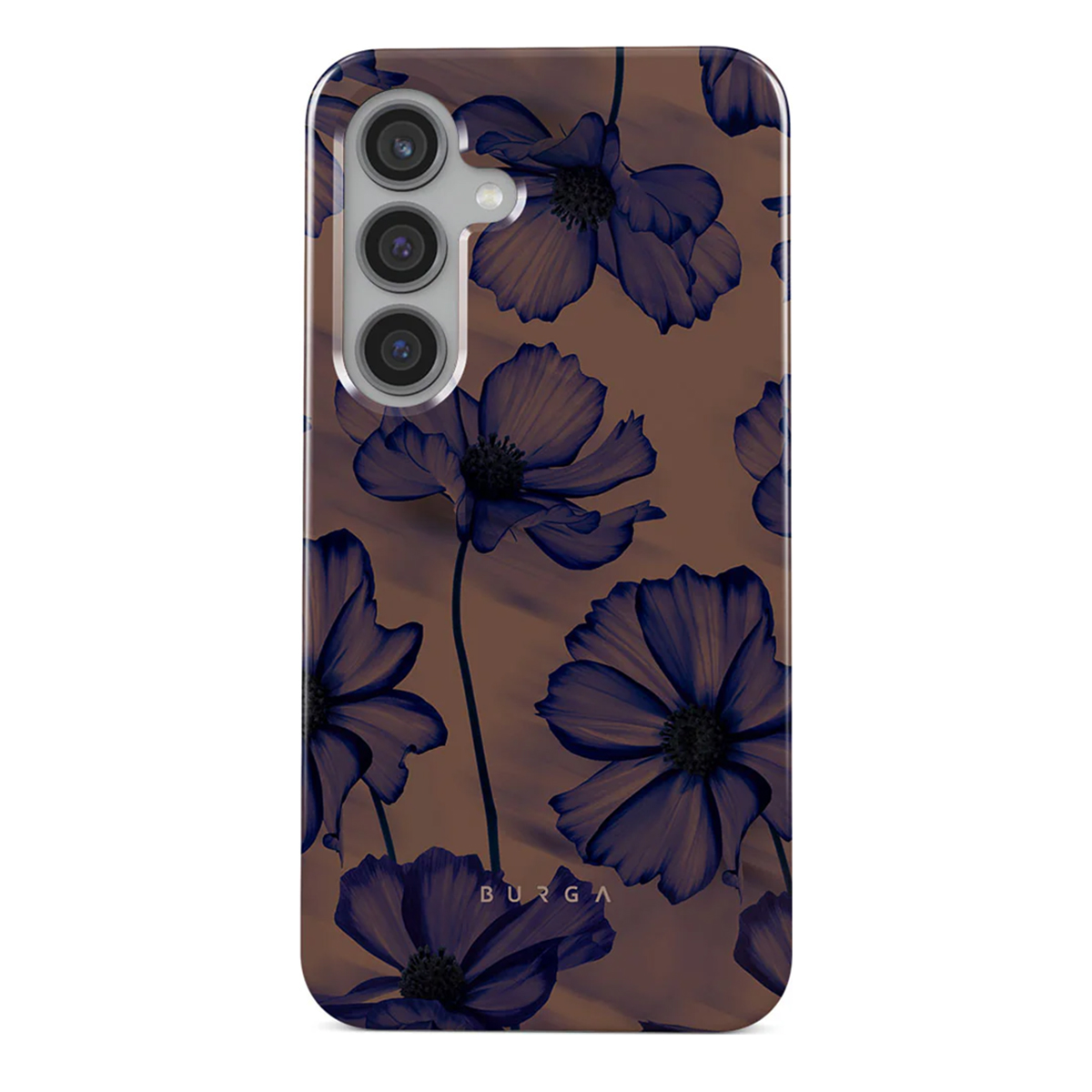 Coque de téléphone avec un motif floral bleu foncé sur fond marron. Le nom de la marque est visible.
