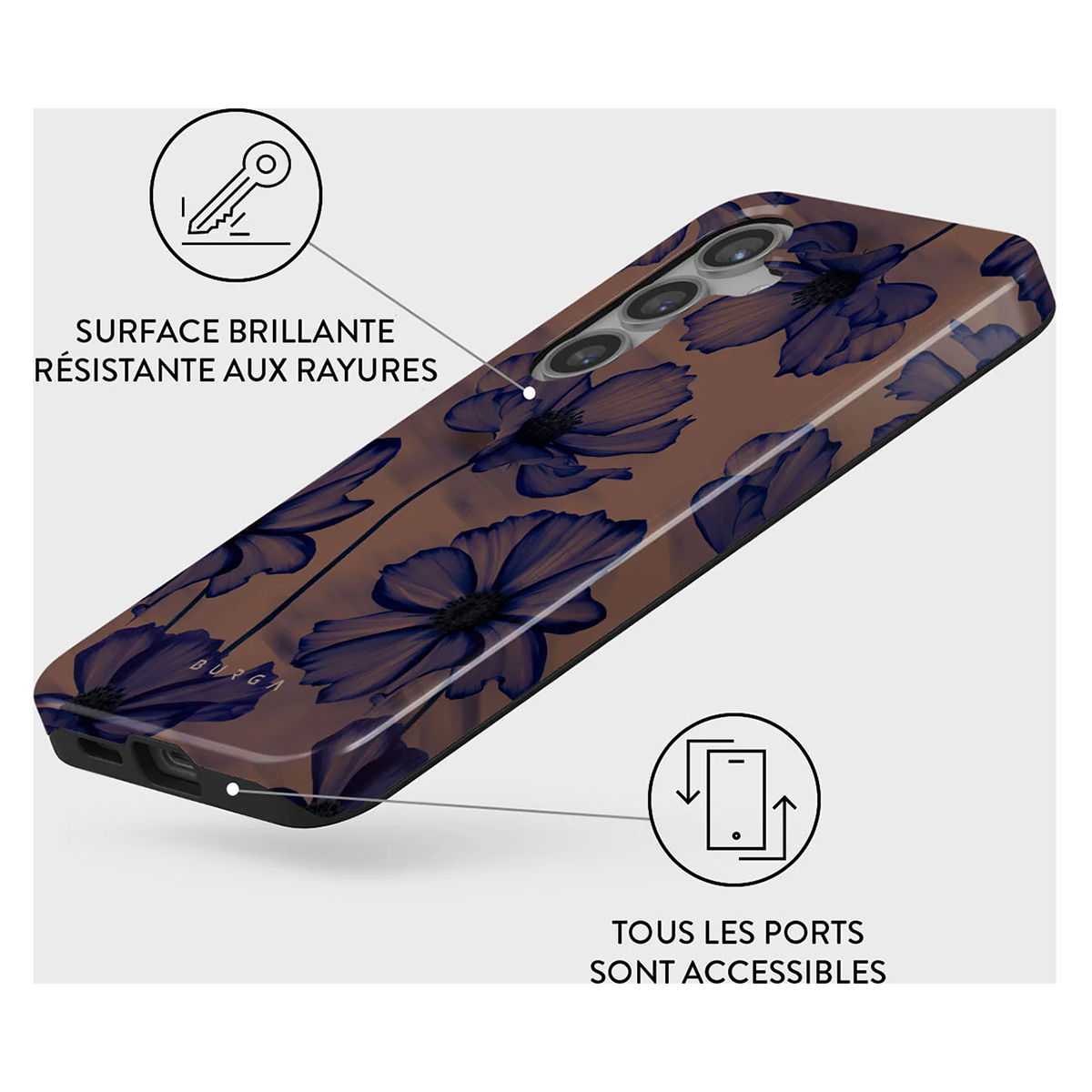 Coque de téléphone avec motif floral bleu. Texte indique résistance aux rayures et accès aux ports.