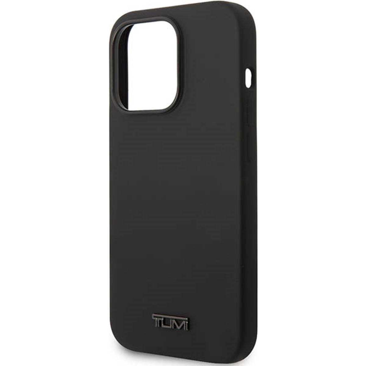 Custodia nera per telefono con ritaglio per fotocamera e logo TUMI.