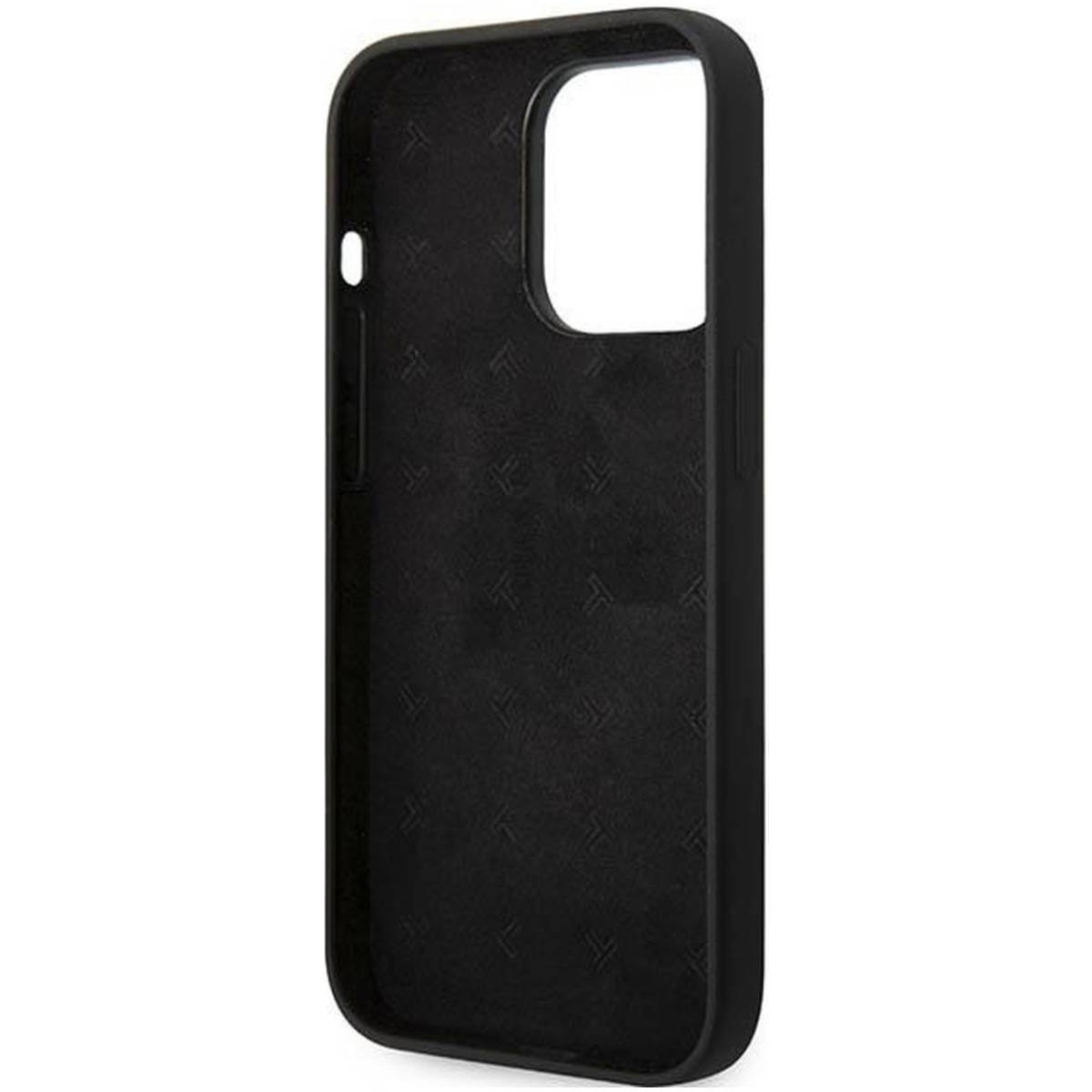 Interno della custodia nera del telefono. Ritagli per fotocamera e altre funzioni visibili.