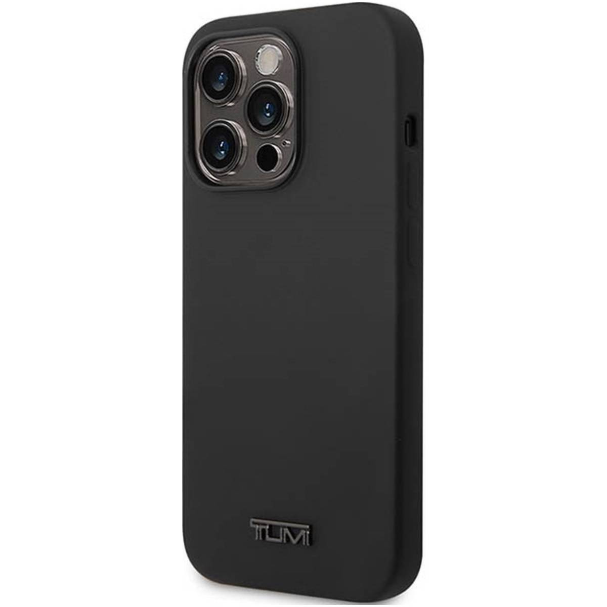 Custodia per telefono nera con tre obiettivi e logo TUMI. La custodia copre il telefono, mostrando solo la fotocamera.