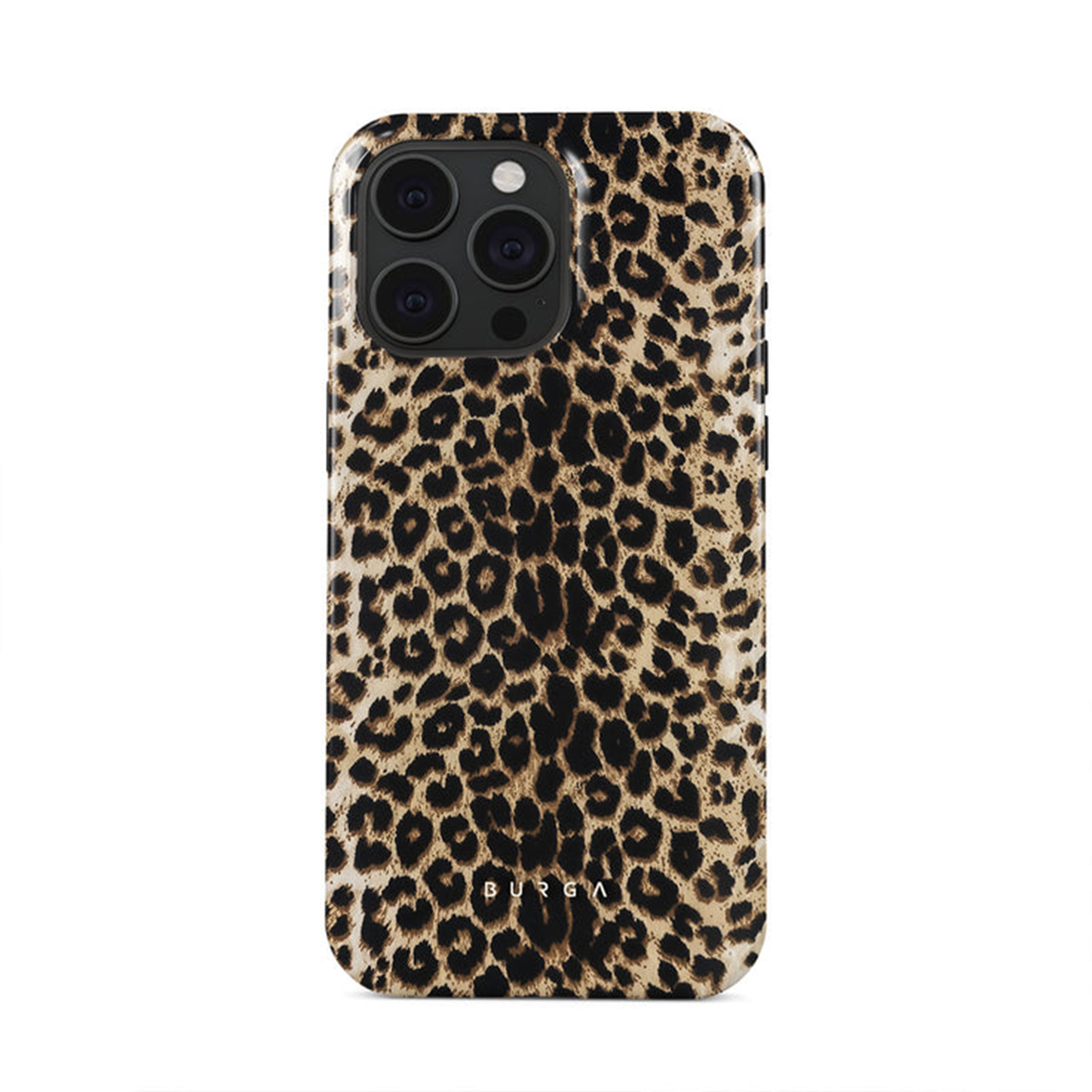 Telefoonhoesje met luipaardprint. De hoes is bruin en zwart. Het BURGA-merklogo is zichtbaar.
