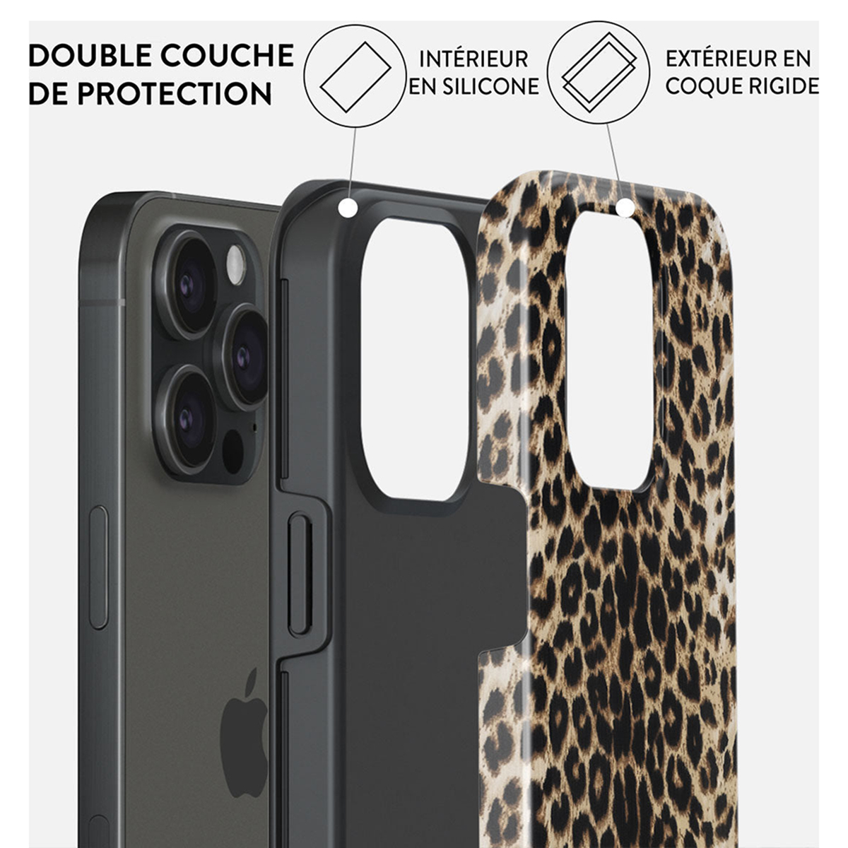 Coque noire avec extérieur à imprimé léopard et intérieur noir. L'intérieur est en silicone.