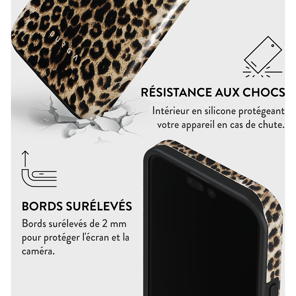 Luipaard telefoonhoesje en een telefoon. De hoes ligt bij een gebarsten oppervlak.