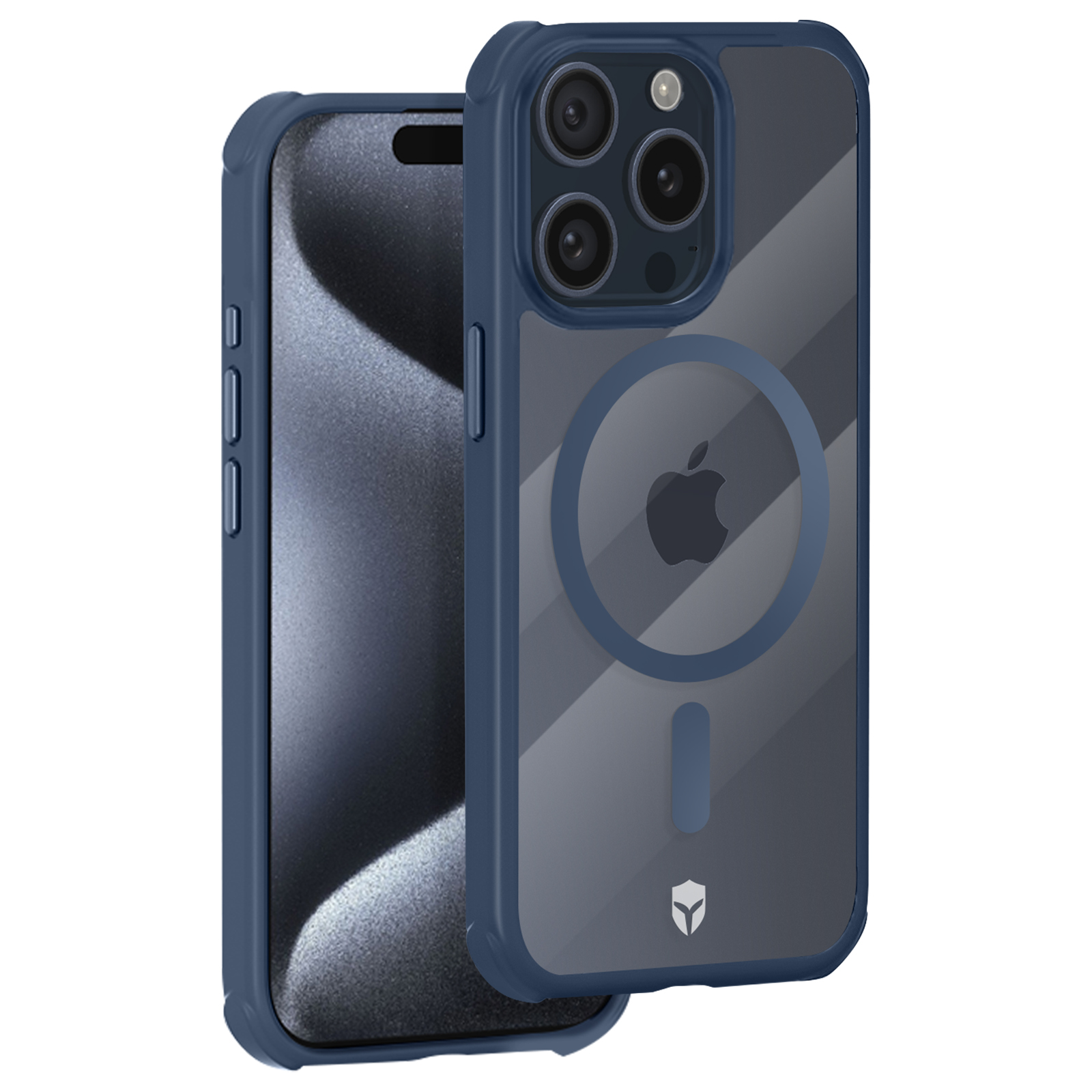 Coque de téléphone bleu foncé avec logo Apple et dos transparent.