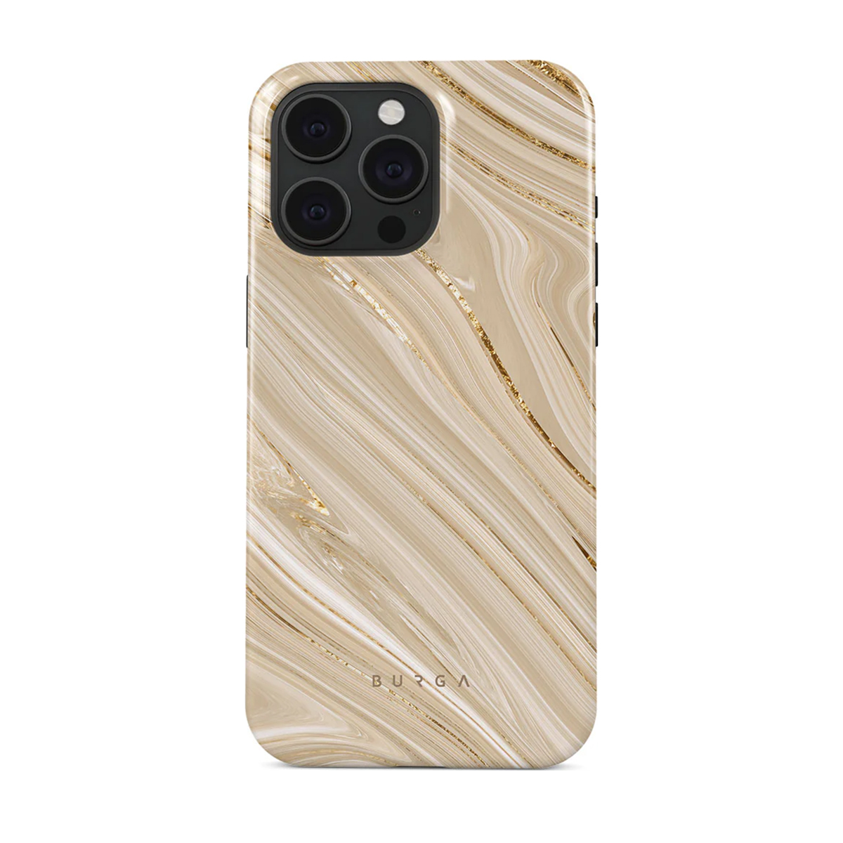 Coque de téléphone avec motif marbre et détails dorés.