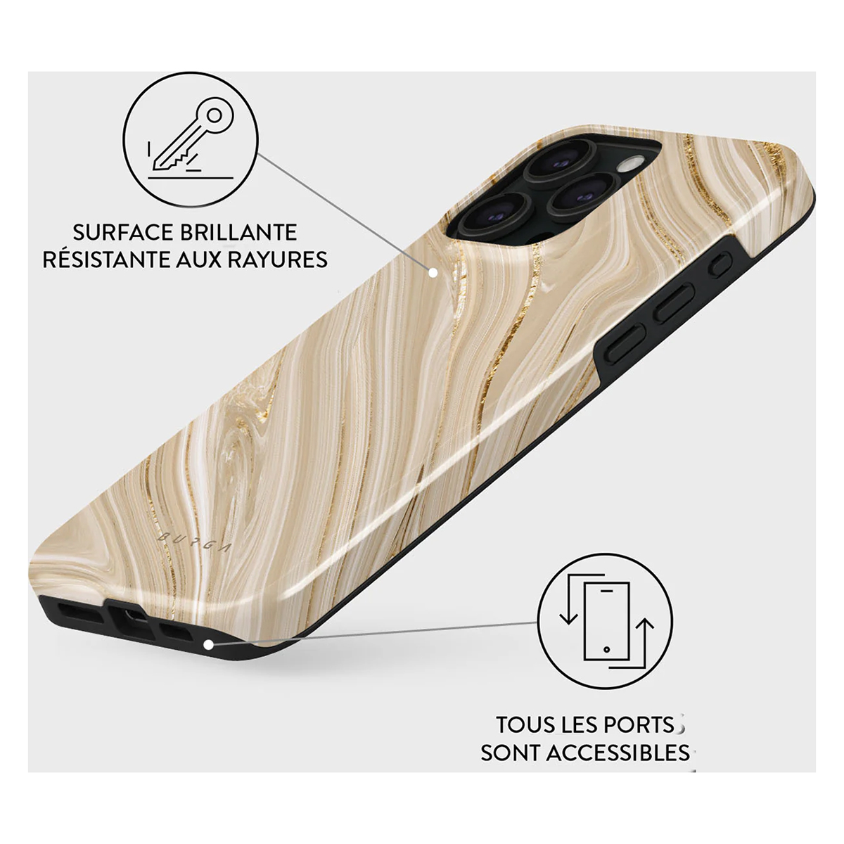 Une coque de téléphone avec des détails en marbre et or, avec le texte "SURFACE BRILLANTE RÉSISTANTE AUX RAYURES".