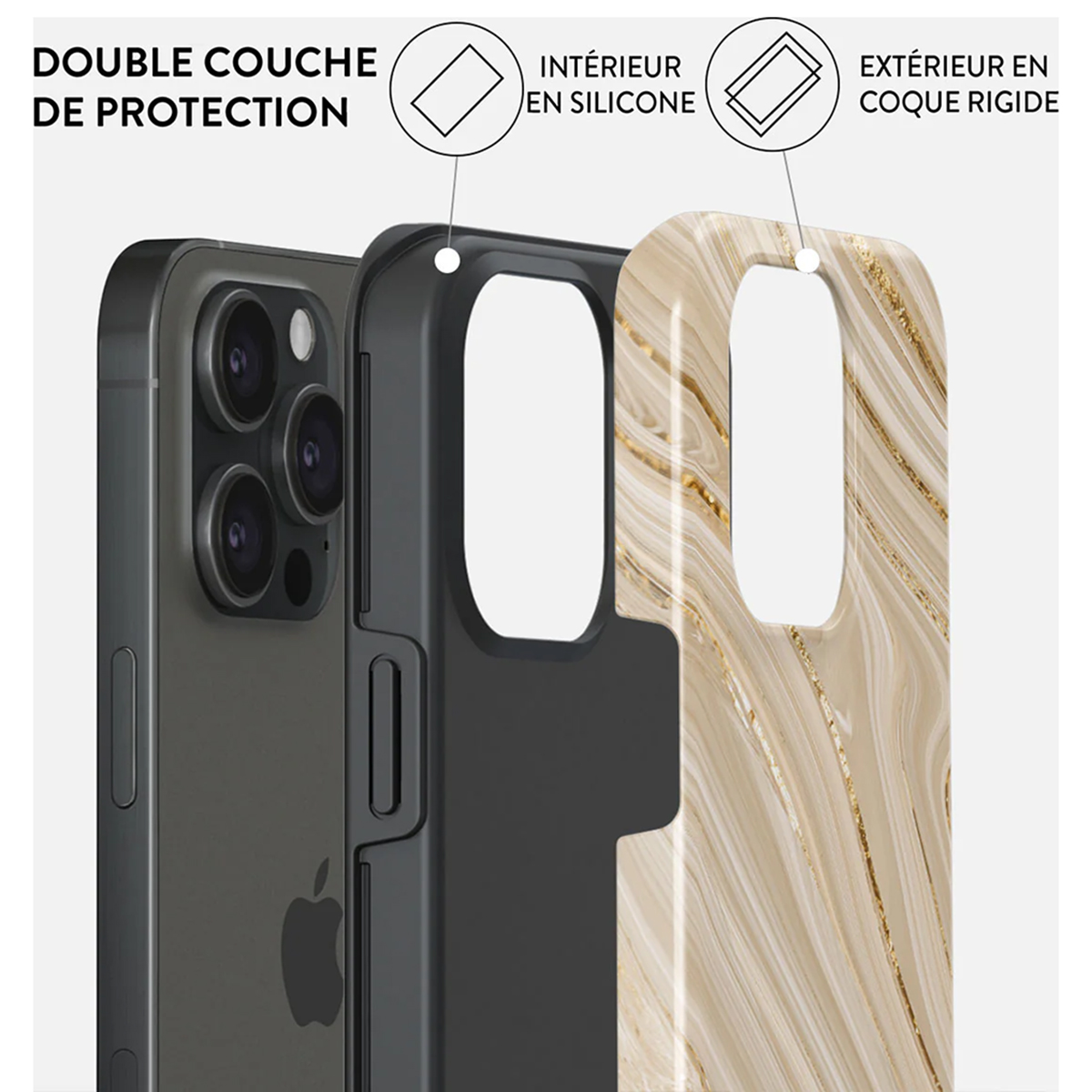 Coque de téléphone double couche, montrant l'intérieur en silicone et l'extérieur rigide, avec un iPhone.