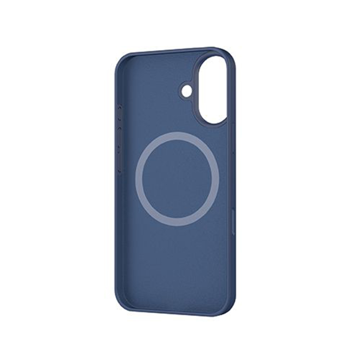 Una custodia blu navy con un cerchio bianco e un foro per la fotocamera. Sfondo bianco.