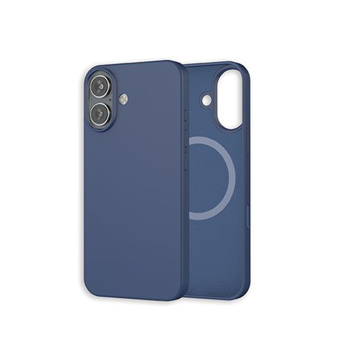 Custodia blu scuro per telefono. La custodia è su un telefono. Il telefono ha un cerchio trasparente sul retro.