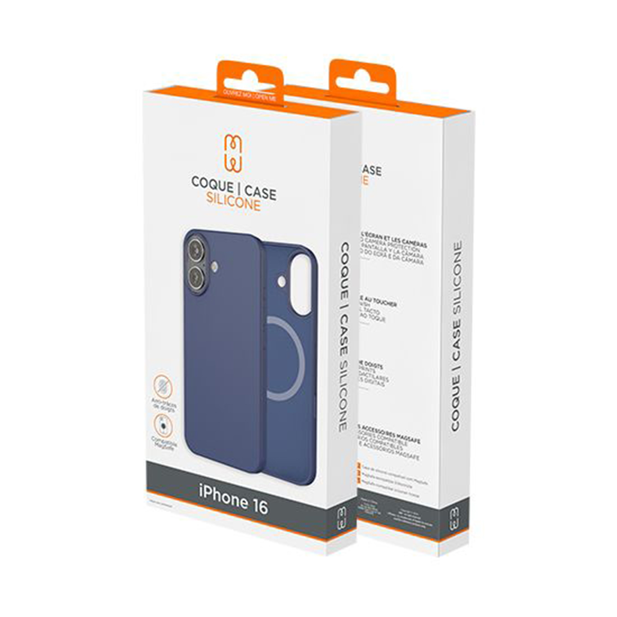 Due scatole di custodie per telefoni. Il testo sulla scatola dice 'COQUE CASE SILICONE' e 'iPhone 16'.